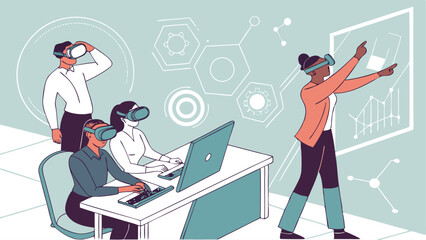 Poster - People using virtual reality headsets in a futuristic office environment with data visualizations shown