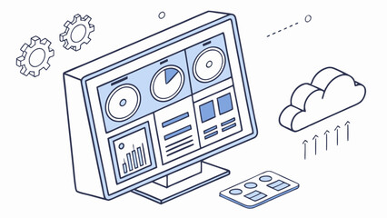 Poster - Isometric view of a computer screen displaying dashboards with gears and cloud computing concept design
