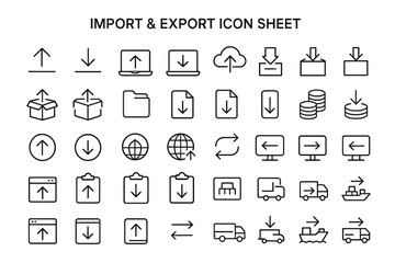 Fototapete - Import and Export Icon Sheet: A comprehensive collection of sleek and minimalist icons, each carefully designed to represent various aspects of import and export processes.