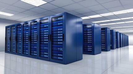 Poster - Modern server room interior with rows of blue server racks and illuminated indicators, illustrating data center infrastructure and secure computing environment