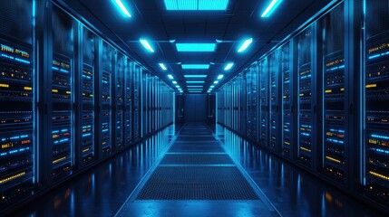 Poster - High-tech server room corridor with glowing blue lights and illuminated server racks, representing advanced data center operations and secure digital infrastructure