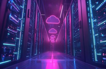 Aufkleber - Futuristic server hallway with glowing neon pink cloud icons and vibrant lighting, representing modern cloud computing and secure digital data infrastructure