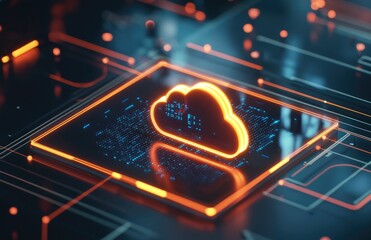 Poster - 3D glowing neon cloud icon hovering over a digital circuit board, representing futuristic cloud computing technology and modern data infrastructure concepts