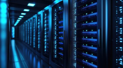 Poster - Modern data center with illuminated blue server racks in a sleek corridor, highlighting advanced cloud computing, network infrastructure, and secure digital systems
