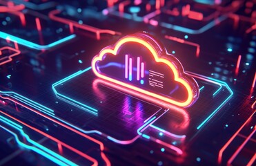 Poster - Futuristic 3D neon cloud icon with data bars on a digital circuit background, symbolizing cloud computing, analytics, and modern digital infrastructure