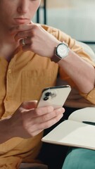 Aufkleber - Man, hands and typing on mobile for remote work, small business planning and schedule in notebook. Entrepreneur, phone and connection in home for startup networking, research and making appointment