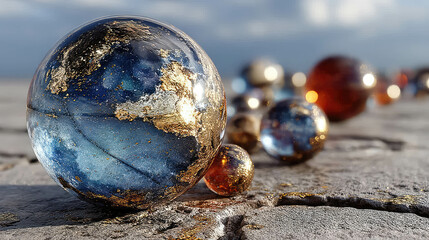 Poster - Artistic sphere with Earth-like continents in gold texture on a cracked stone surface, featuring metallic sheen and photorealistic reflections