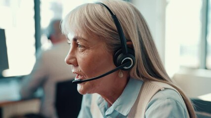 Poster - Call center, mature and agent with woman in office for telemarketing, sales consultant or advice. Lead generation, contact us and loan assistance with person in agency for help desk and communication