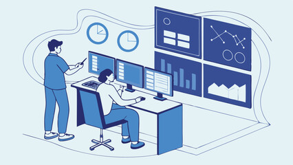 Poster - Illustration of two people analyzing data on multiple screens with charts and graphs displayed clearly