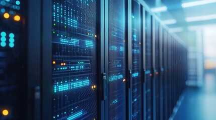 Aufkleber - Bright modern data center with glowing servers and polished floors under cool lighting, suitable for representing IT infrastructure, networking, or data storage systems