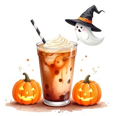 Wall Mural - an aesthetic watercolor iced coffee with halloween jack-o'-lanterns and ghost and witch hat, clear white background