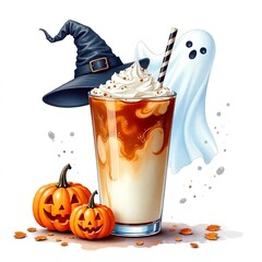 Wall Mural - an aesthetic watercolor iced coffee with halloween jack-o'-lanterns and ghost and witch hat, clear white background