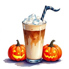Wall Mural - an aesthetic watercolor iced coffee with halloween jack-o'-lanterns and ghost and witch hat, clear white background
