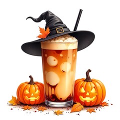 Wall Mural - an aesthetic watercolor iced coffee with halloween jack-o'-lanterns and ghost and witch hat, clear white background