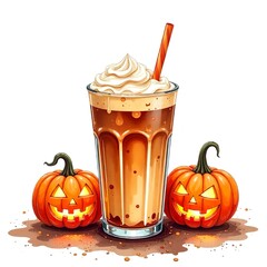Wall Mural - an aesthetic watercolor iced coffee with halloween jack-o'-lanterns and ghost and witch hat, clear white background