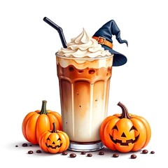 Wall Mural - an aesthetic watercolor iced coffee with halloween jack-o'-lanterns and ghost and witch hat, clear white background