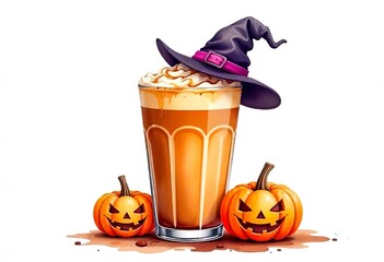 Wall Mural - an aesthetic watercolor iced coffee with halloween jack-o'-lanterns and ghost and witch hat, clear white background