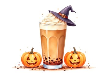 Wall Mural - an aesthetic watercolor iced coffee with halloween jack-o'-lanterns and ghost and witch hat, clear white background