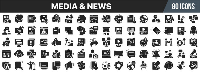 Poster - Media and news black icons collection. Big UI icon set in a flat design. Vector illustration EPS10
