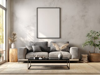 Aufkleber - Contemporary living room with blank vertical frame on textured wall, neutral gray sofa, minimalist decor, coffee table, and soft natural light, perfect for design mockups