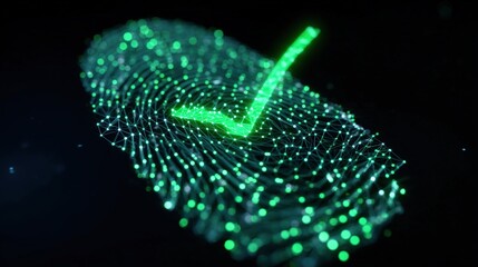 Poster - Digital fingerprint with a glowing green checkmark symbolizes successful biometric authentication and advanced security technology.