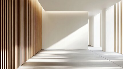Poster - Minimalist interior with wooden slats, white walls, and natural light casting shadows across the open, modern space.
