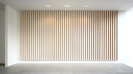 Poster - Modern interior wall with vertical wooden slats, minimalistic design, neutral colors, and recessed ceiling lighting.