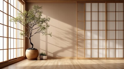 Poster - Minimalist Japanese-style room with wooden floors, shoji screens, natural light, and indoor plants creating a serene, peaceful atmosphere.