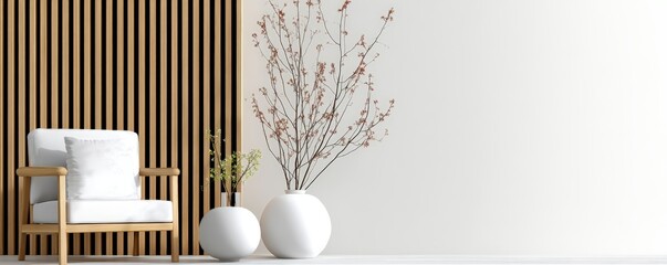 Poster - Minimalist living room with a white chair, wooden slats, and decorative vases featuring branches against a light wall.
