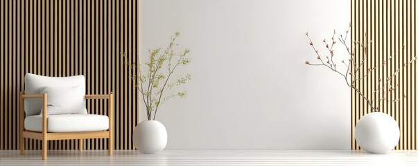 Poster - Minimalist living room with a wooden chair, potted plants, and vertical wooden slat wall decor in neutral tones.