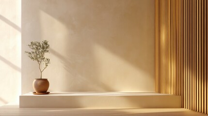 Poster - Minimalist interior with a potted plant on a platform, bathed in warm, natural sunlight and featuring wooden slats on one side.