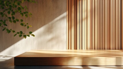 Poster - Minimalist sunlight-filled interior with wooden platform, vertical slats, and leafy branch, creating a serene and natural ambiance.