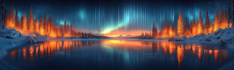 lake with a bright aurora light in the sky banner