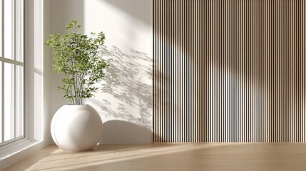 Poster - A minimalist room with a white round vase, green plant, sunlight, and vertical striped wall decor.