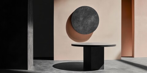 Poster - Contemporary Interior Design with Geometric Art Plaster Wall and Elegant Black Tabletop Decor
