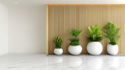 Poster - Modern minimalist interior with large potted green plants against a striped wooden accent wall on a shiny white floor.