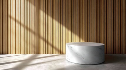 Poster - Minimalist room with a round marble pedestal and wooden slat wall, illuminated by natural light and casting shadows on the floor.
