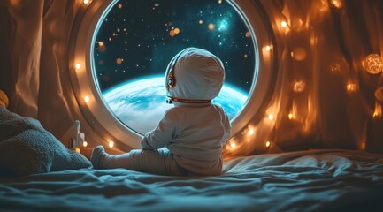 Wall Mural - A baby in an astronaut costume sits on the bed, looking out of the round window at the space and Earth outside. 