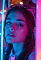 Poster - Fantasy neon portrait of young woman surrounded by vibrant glowing colors and digital light textures