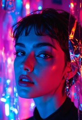 Poster - Fantasy neon portrait of young woman surrounded by vibrant glowing colors and digital light textures