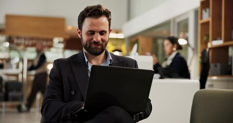Poster - Lobby, typing and man with laptop, hotel and preparing for presentation on web, employee and online. Waiting, guest and planning for schedule of meeting, happy and person with tech on business trip