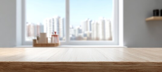 Poster - Elegant wood tabletop mockup with light blur in modern kitchen interior for product presentation
