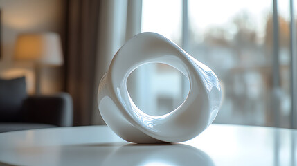 Poster - A white ceramic sculpture of a figure eight on a white table.
