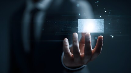 Fototapete - Hand Reaching for Digital Card in Futuristic Technology Environment