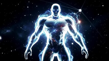 Wall Mural - a powerful figure stands illuminated in a dark, star-filled universe, showcasing a blend of human fo