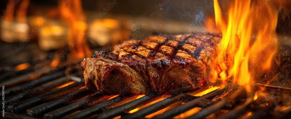 The sizzling steak grilling with flames over charcoal in a barbecue ...