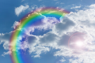 Wall Mural - bright rainbow in blue sky with clouds on sunny day
