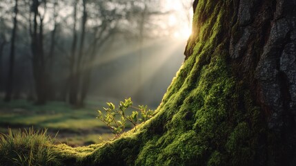 Poster - Moss-covered tree trunk with sunlight filtering through a forest, creating a serene and tranquil atmosphere.