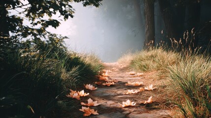 Poster - A serene forest path lined with grass and fallen flowers, illuminated by soft, diffused light, creating a tranquil atmosphere.