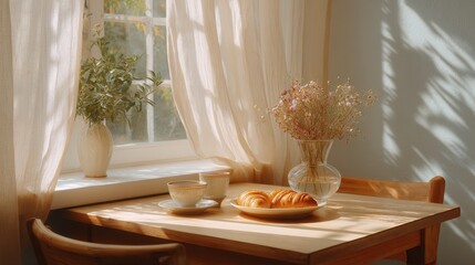 Poster - A cozy breakfast setting with a wooden table, flowers in vases, and sunlight casting soft shadows through sheer curtains.
